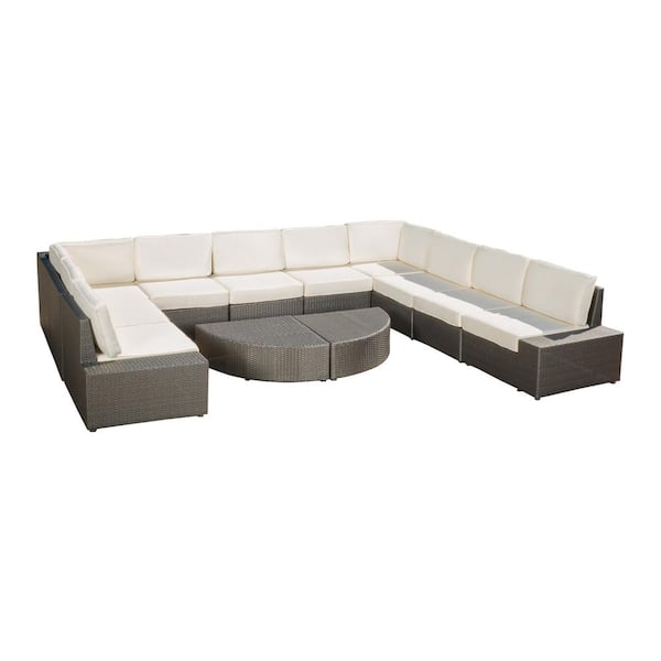 Noble House Santa Cruz Gray 12-Piece Wicker Outdoor Patio Sectional Set with White Cushions