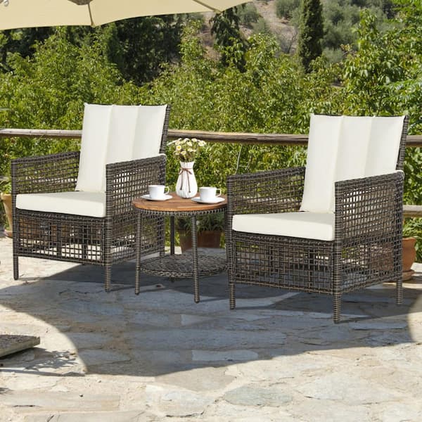 3 Pieces Patio Rattan Furniture Set with Cushion in White and Wood Table Top