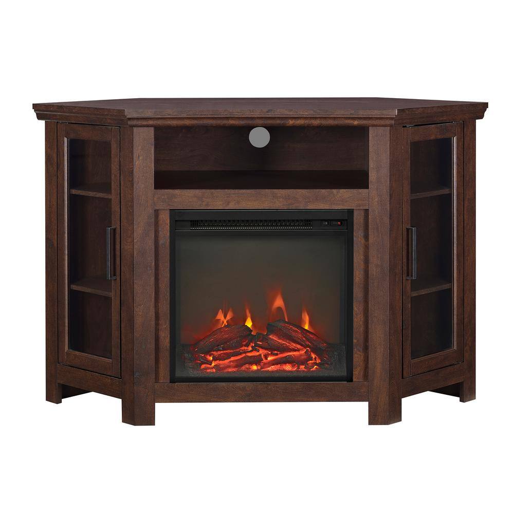 Brown Corner Fireplace TV Stand with Glass Doors for 55" TVs