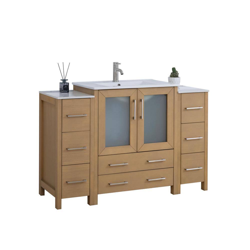 Natural Oak and White Ceramic 54" Single Bathroom Vanity with Mirror