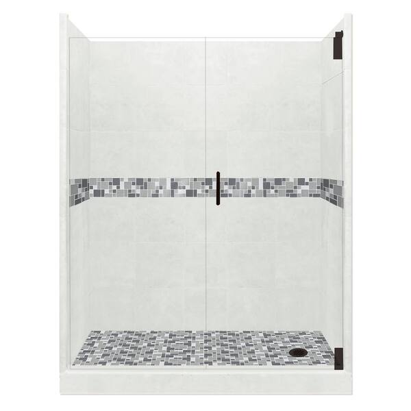 American Bath Factory Newport Grand Hinged 36 in. x 60 in. x 80 in. Right Drain Alcove Shower Kit in Natural Buff and Black Pipe Hardware
