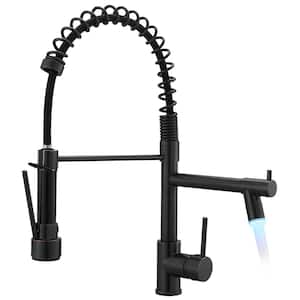 Commercial LED Single Handle Pull Down Sprayer Kitchen Faucet with Pull Out Spray Wand High-Arc Brass in Black