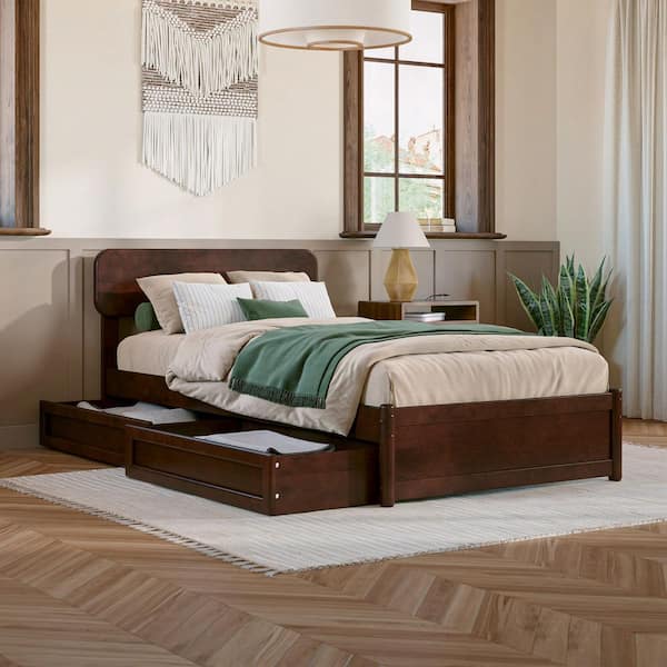 AFI Capri Walnut Brown Solid Wood Frame Twin XL Platform Bed with Panel Footboard and Storage Drawers