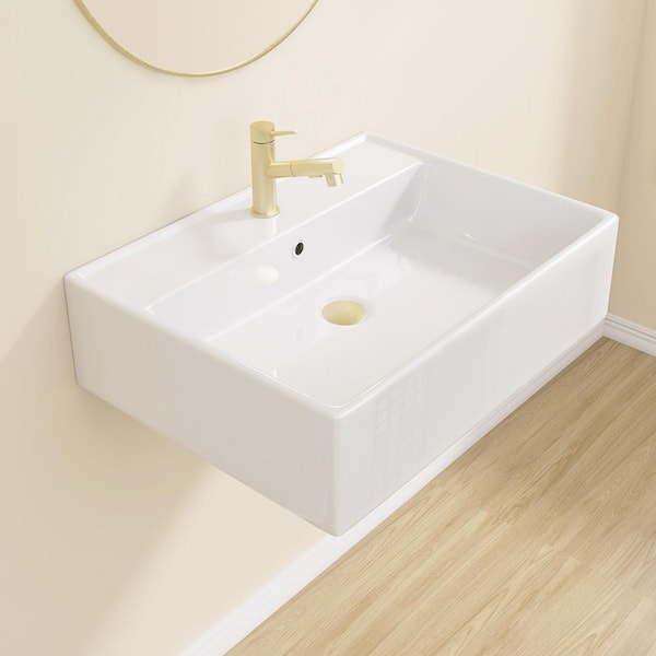 22.5 in Ceramic Tiny Sink Wall-Mounted Rectangular Bathroom Sink with Single Faucet Hole in White Floating Vessel Sink