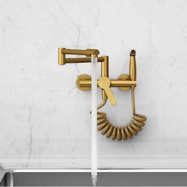 Wall Mount Folding Kitchen Faucet with Spray Gun, Dual Function Pot Filler Tap, 3.1 GPM Water Flow in Brushed Gold