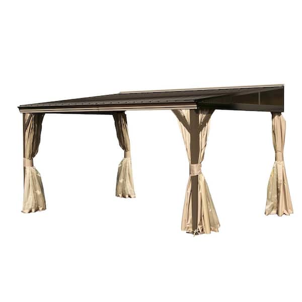 Dark Brown 10 ft. x 14 ft. Metal Outdoor Wall Mounted Lean-To Hardtop Gazebo with Gutters, Metal Roof