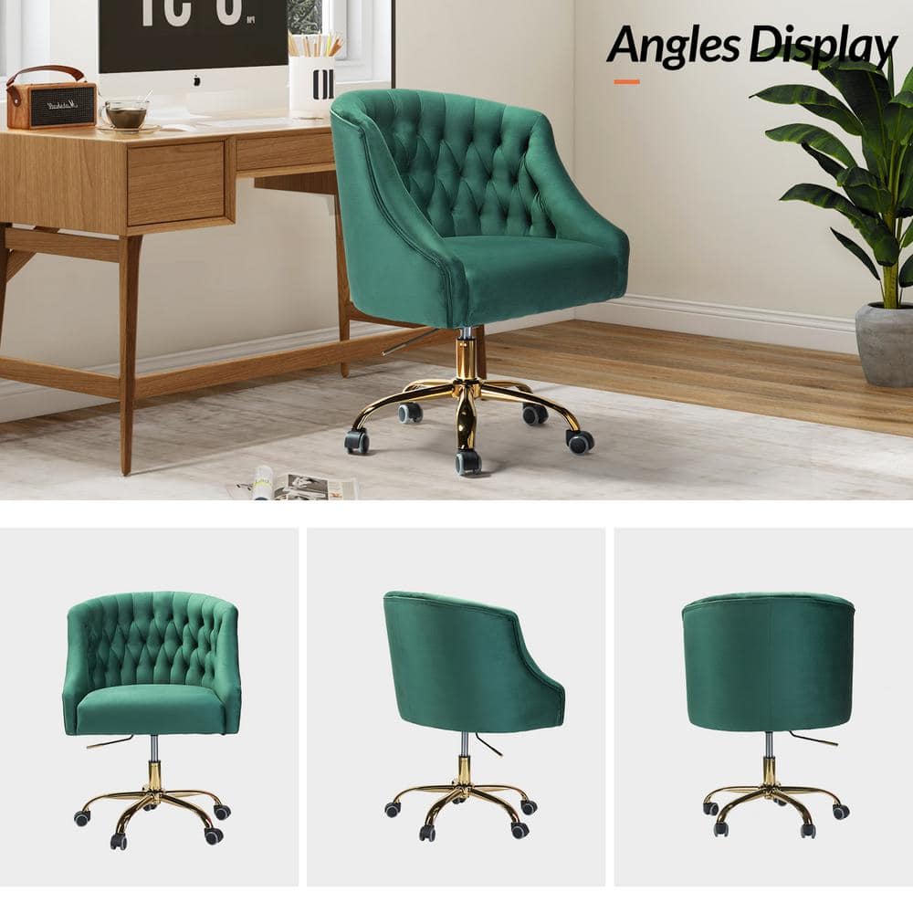 Ergonomic Green Velvet Task Chair with Gold Metal Legs