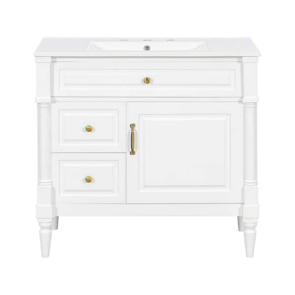36 in. Single Sink Freestanding White Bath Vanity with White Ceramic Sink Top, Bathroom Cabinet with Flip Drawer