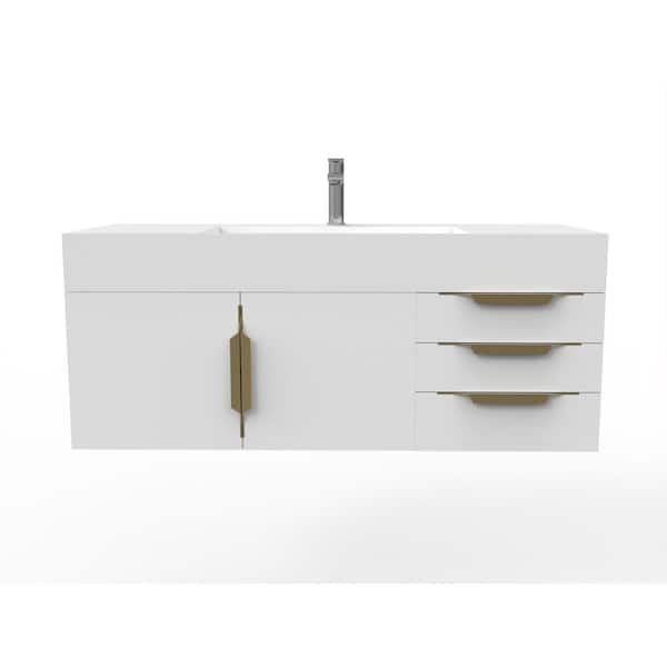 Maranon 48 in. W x 19 in. D x 19.25 in. H Single Bath Vanity in Matte White with Gold Trim and White Solid Surface Top