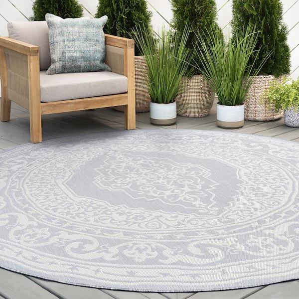 Eco Floral Gray 6 ft. Round Indoor/Outdoor Area Rug