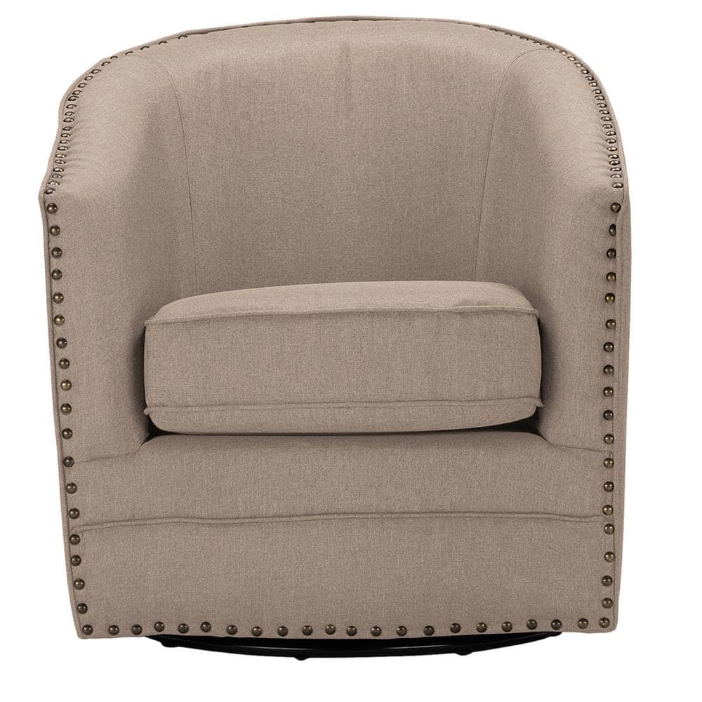 Classic Retro Beige Swivel Barrel Accent Chair with Nailhead Detail