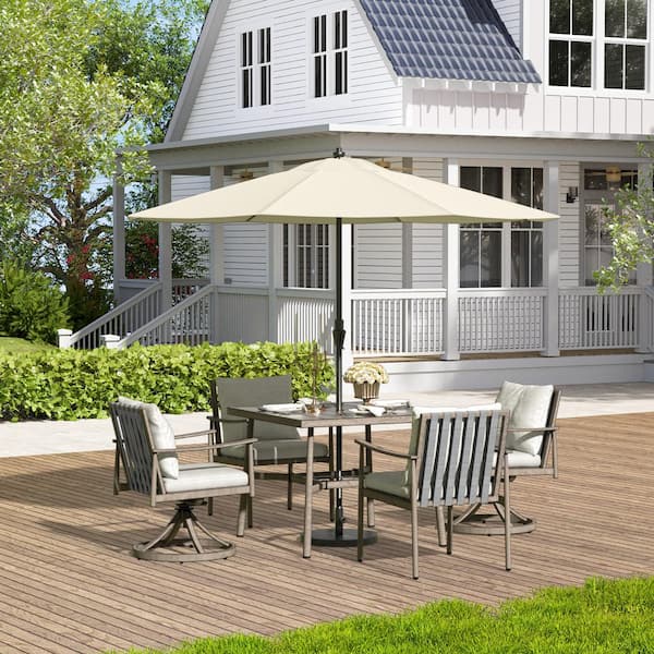 ChillPavilion Sunset Retreat 5-Piece Aluminum Outdoor Dining Set with Swivel Chairs and Light Gray Cushions