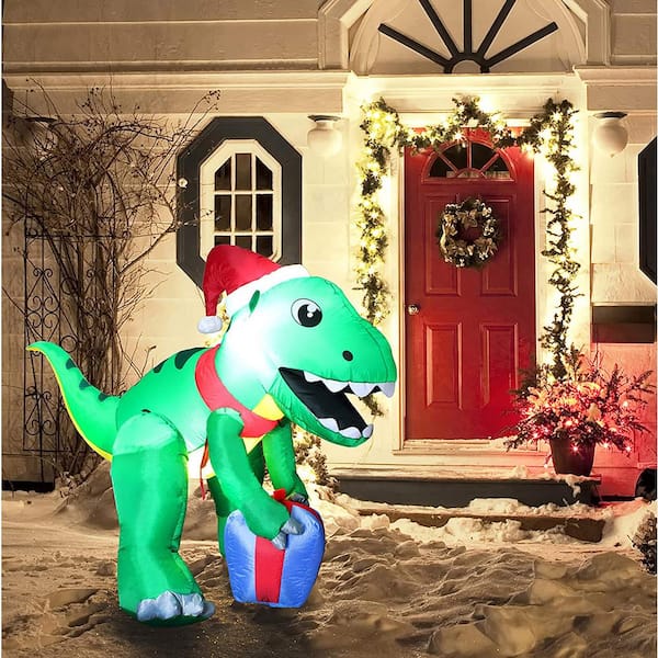 Joiedomi 5 ft. Tall x 3 ft. W, Green, Red and Blue Plastic Christmas Dinosaur with Hat Inflatable 30057 - The Home Depot