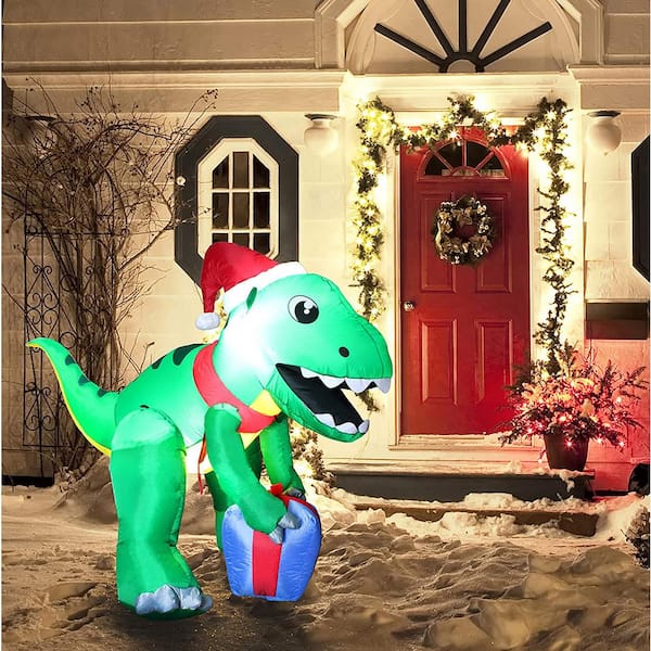 5 ft. Tall x 3 ft. W, Green, Red and Blue Plastic Christmas Dinosaur with Hat Inflatable