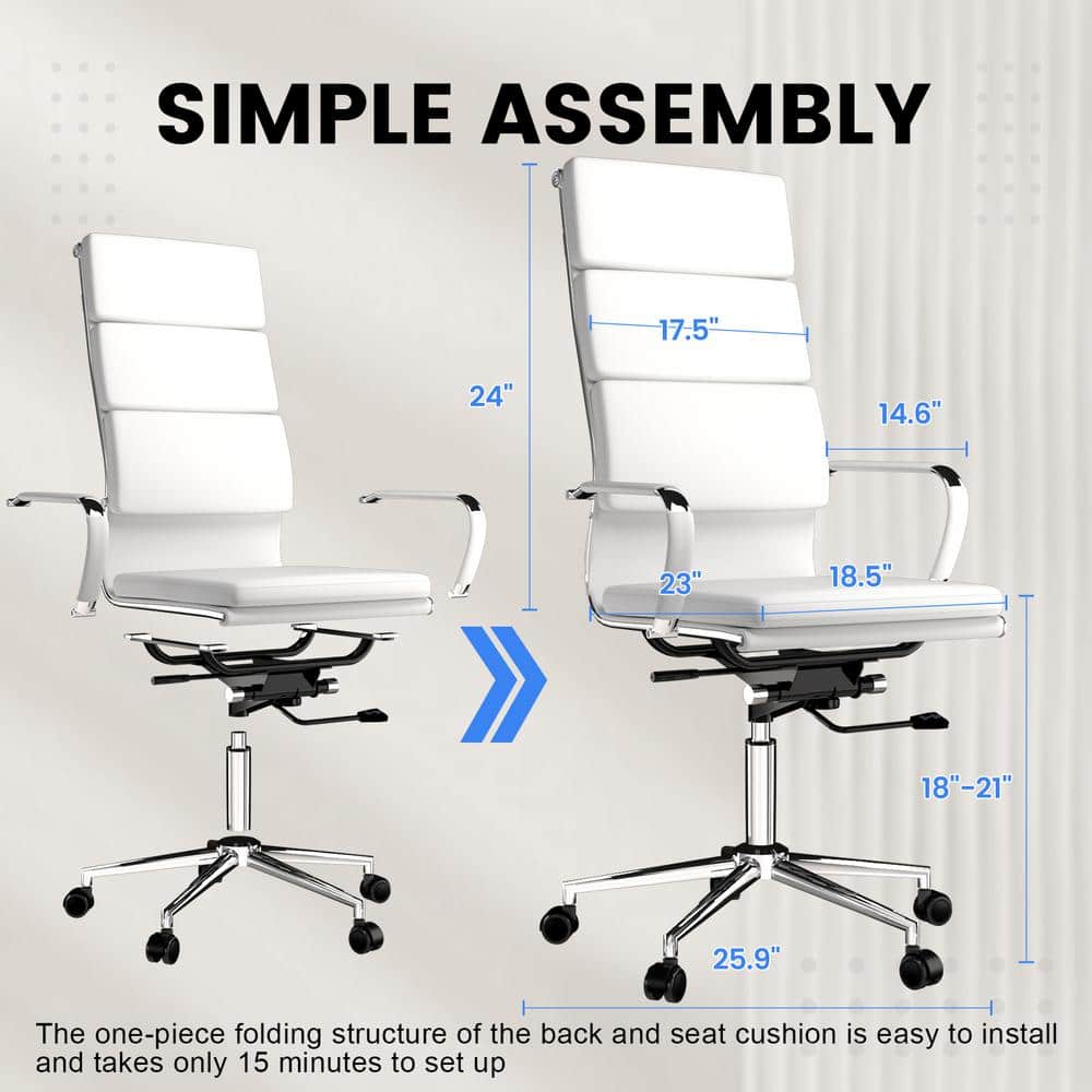 Office Chair High Back Faux Leather Ergonomic Chair with Wheels Adjustable Height Modern Executive Chair, White - Thumbnail 3