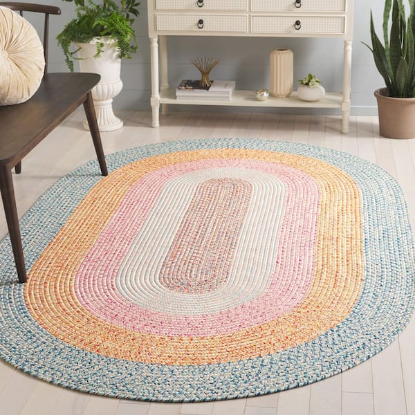 Braided Aqua/Pink 5 ft. x 8 ft. Machine Washable Solid Striped Border Oval Area Rug