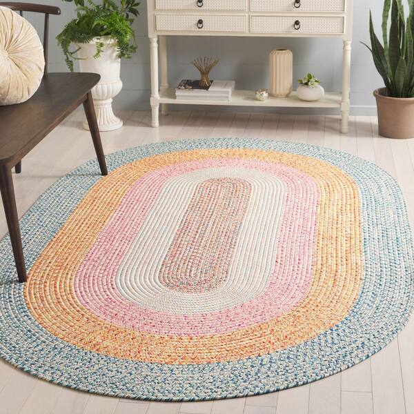Braided Aqua/Pink 6 ft. x 9 ft. Machine Washable Solid Striped Border Oval Area Rug