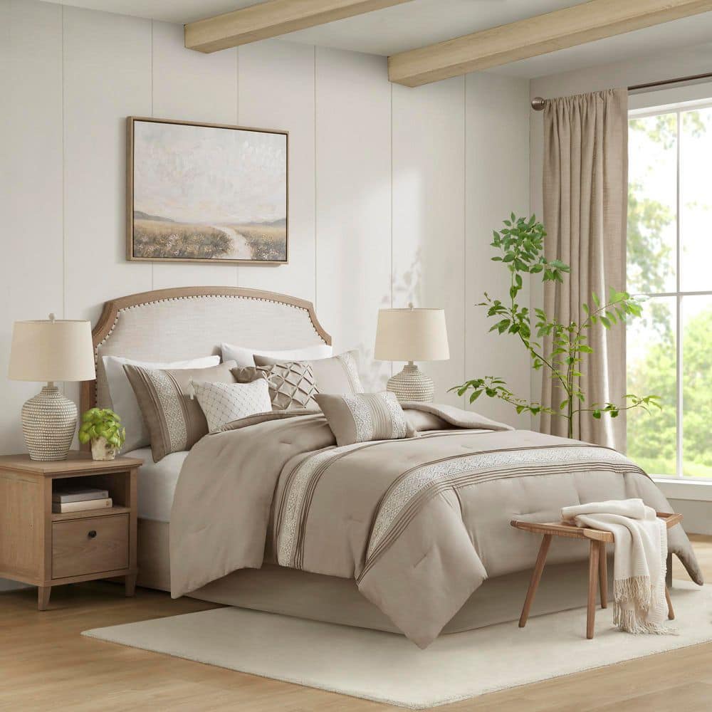 Taupe Queen Microfiber Comforter Set with Decorative Pillows