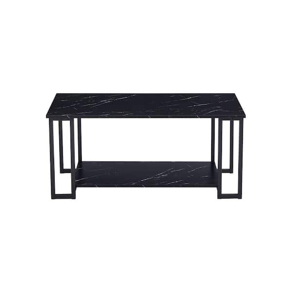 URTR Modern 20 in. Black Rectangle 1.5 cm Thick Marble MDF Coffee Table with 2-Layers and Black Leg for Living Room