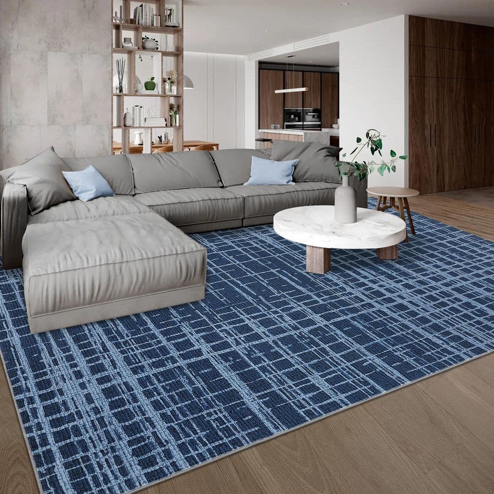 Blue 5 ft. x 7 ft. Anti-Slip Grid Print Rug Modern Machine Blue 5 ft. x 7 ft. Anti-Slip Grid Print Rug Modern Machine