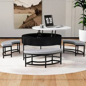 31.50 in. Black/White Round MDF Lift Top Coffee Table with Storage and 3 Ottoman