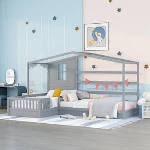 Gray Twin Size L-Shaped Wood House Bed for Kids, 2 Twin Solid Bed L Structure with Fence and Slatted Frame