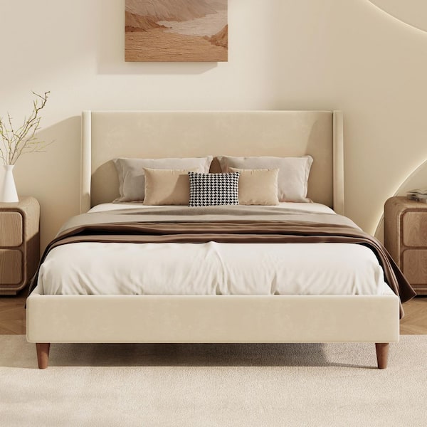 Beige Wood Frame King Size Platform Bed with Wingback Headboard and Walnut Wooden Legs