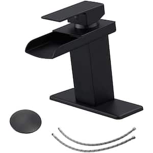 Waterfall Single Hole Single-Handle Low-Arc Bathroom Faucet with Pop-up Drain Assembly and Escutcheon in Matte Black