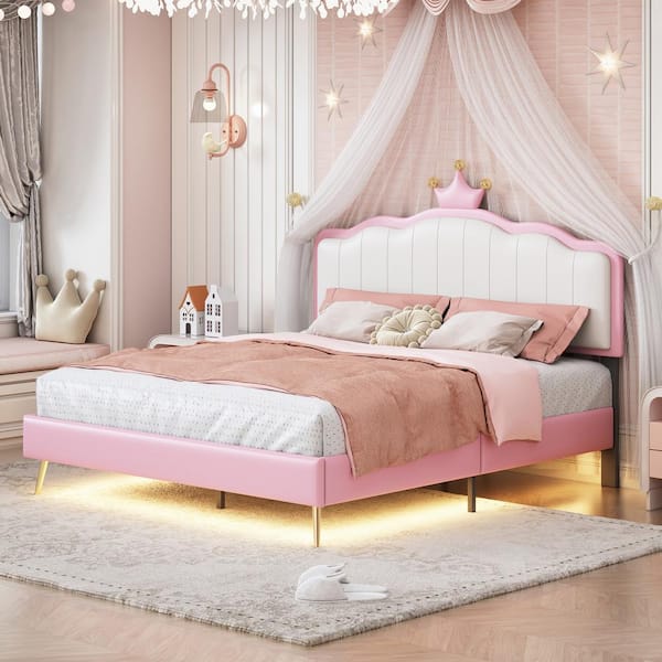 Harper & Bright Designs White and Pink Full Size PU Upholstered Princess Platform Bed with Crown Headboard, Light Strips and Metal Legs