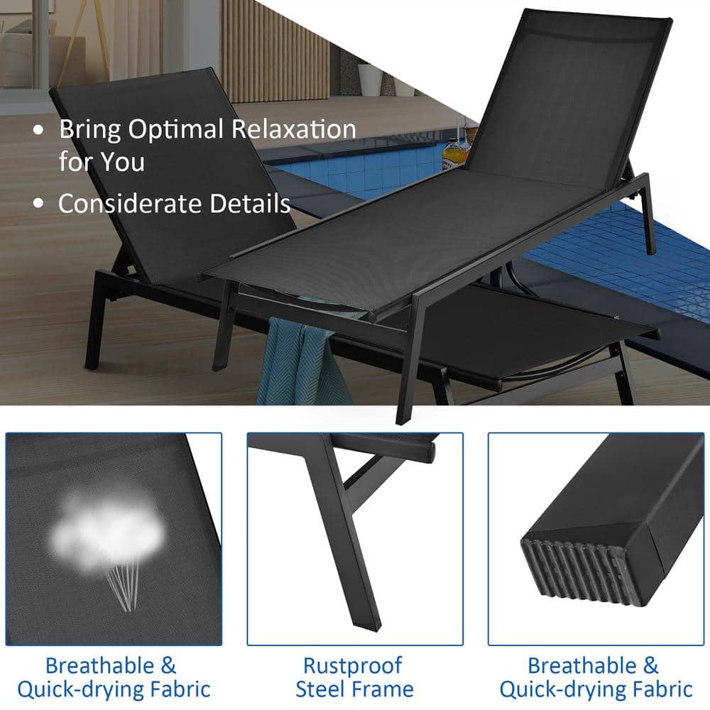 Black Steel Frame Outdoor Adjustable Chaise Lounge Set