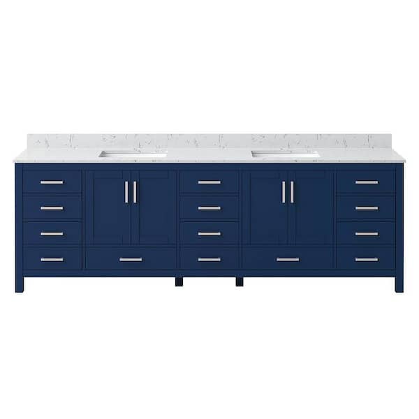 Aeterna 96 in. W Double Sinks Freestanding Bath Vanity in Galaxy Blue with White Carrara Cultured Marble Top