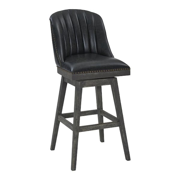 Armen Living Journey 30" Bar Height Wood Swivel Bar Stool in American Grey Finish with Onyx Faux Leather