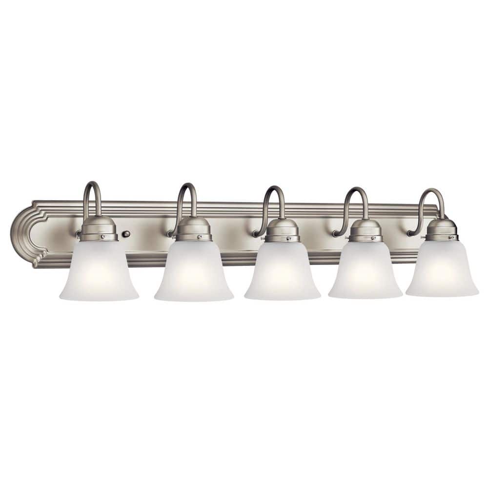 Nickel 36" 5-Light Vanity Bath Light with White Bell Shades