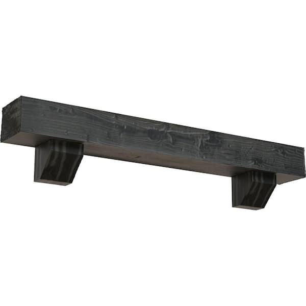 Ekena Millwork 4 in. x 6 in. x 6 ft. Sandblasted Faux Wood Beam Fireplace Mantel Kit, Ashford Corbels in Aged Ash