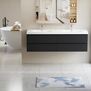 Achilles 71 in. W x 20 in. D x 22.5 in. H Double Sink Floating Bath Vanity in Gloss Black with White Resin Top