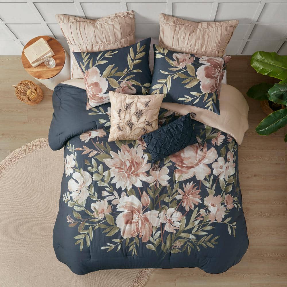 California King Blush Floral Cotton 8-Piece Comforter Set