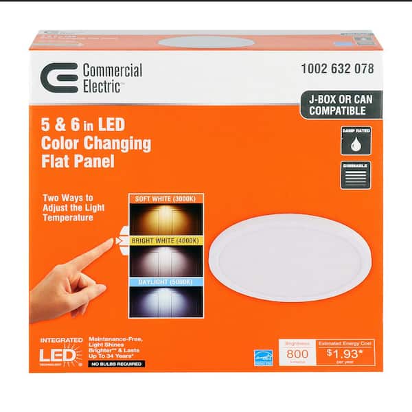 Commercial Electric - 5 or 6 in. J-Box 12W Dimmable White Integrated LED Round Flat Panel Ceiling Flush Mount Light with Color Changing CCT