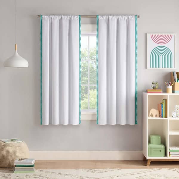 Eclipse Kids Tassel White/Teal Polyester Border 40 in. W x 84 in. L Rod Pocket 100% Blackout Curtain (Single Panel)