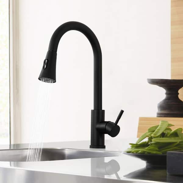 Satico 16.7 in. Single Handle Stainless Steel 360 ° Spout Swive Pull Down Sprayer Kitchen Faucet in Matte Black