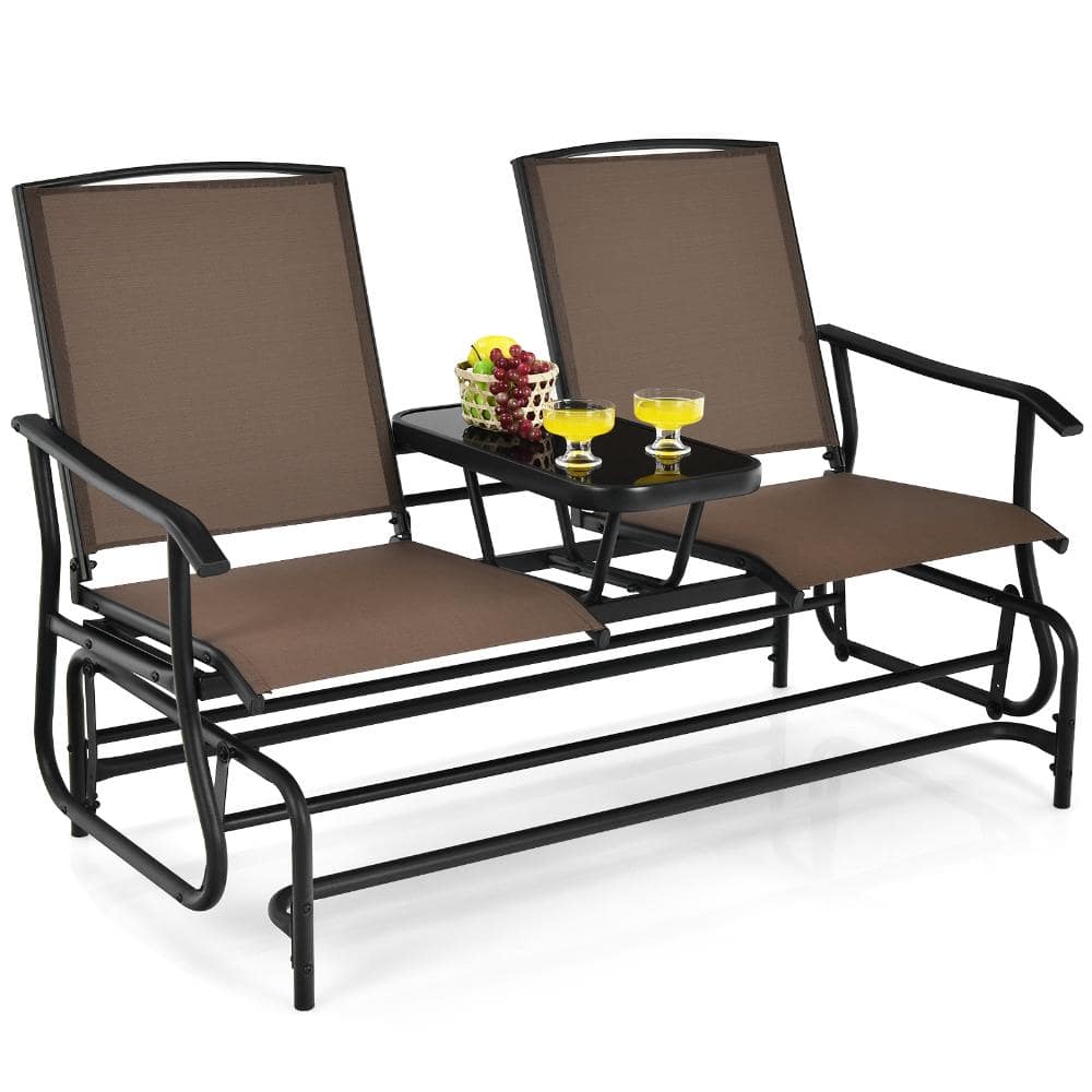 2-Person Double Rocking Loveseat Glider with Mesh Fabric and Center Glass Table, 530 lb, Brown price history on PriceWatchPro