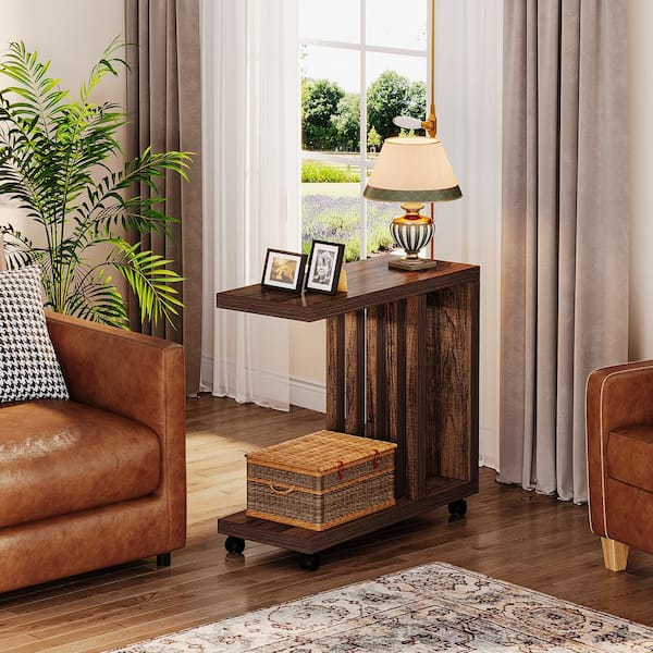 BYBLIGHT Kerlin 23.6 in. Brown Rectangle Wood End Table with Lockable Wheels, Wood Bedside Table for Living Room, Bedroom