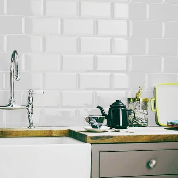 Frosted Elegance GLOSSY WHITE Beveled Glass Subway Tile with Mastic Adhesive 