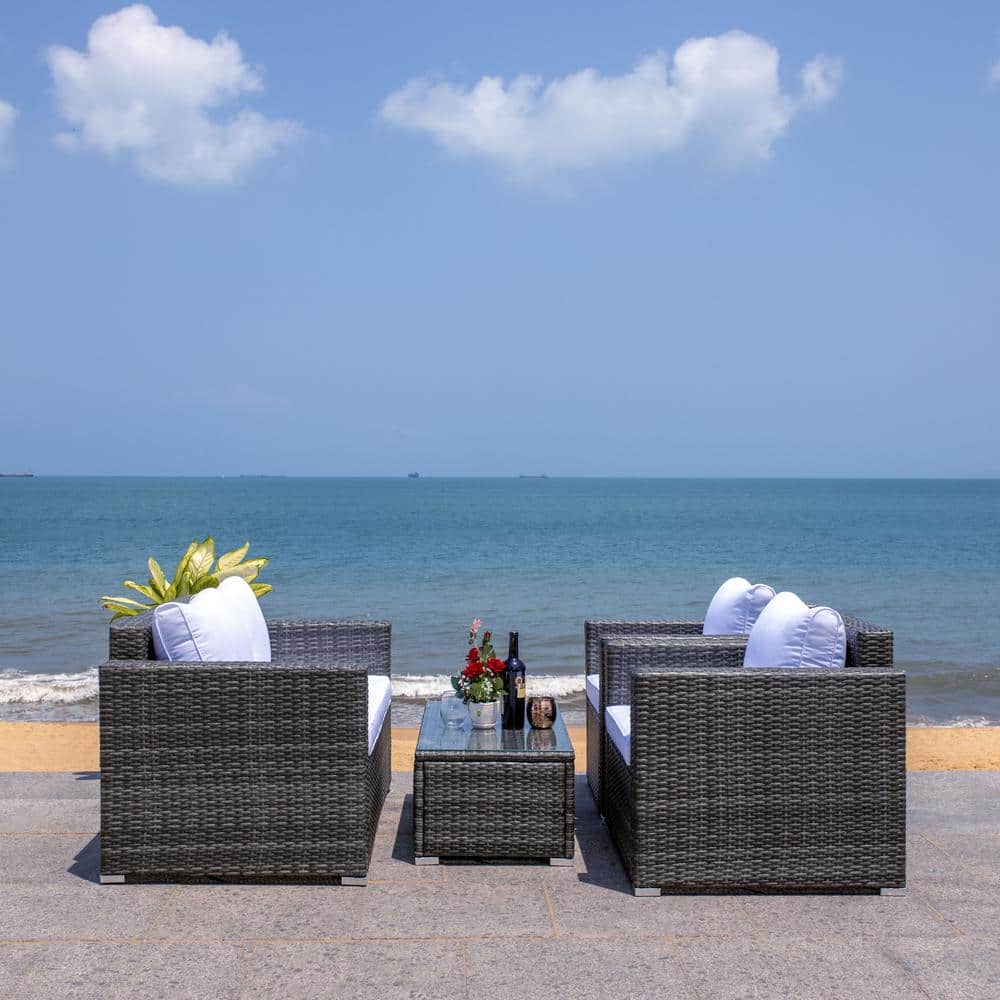 Machie Grey Brown Wicker 3-Person Outdoor Living Set with White Cushions