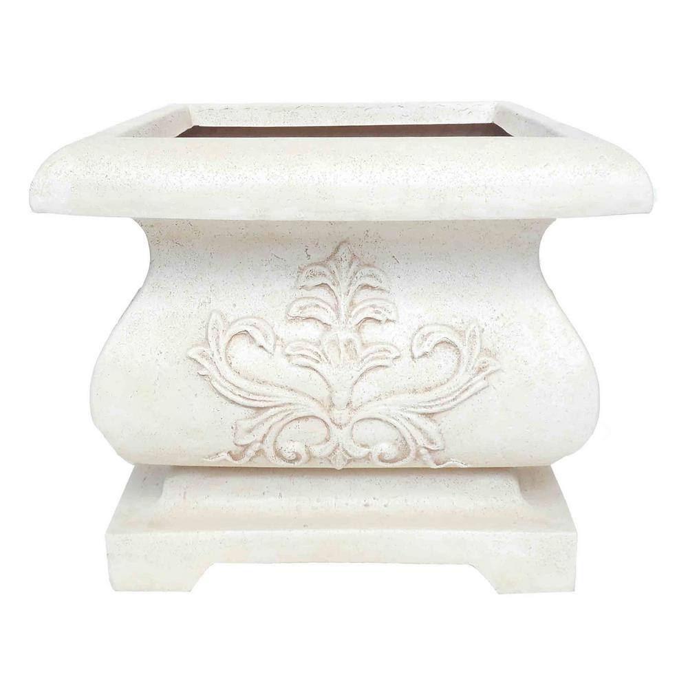MPG 21 in. sq. Light Aged White Cast Stone Fiberglass Bombe Planter ...