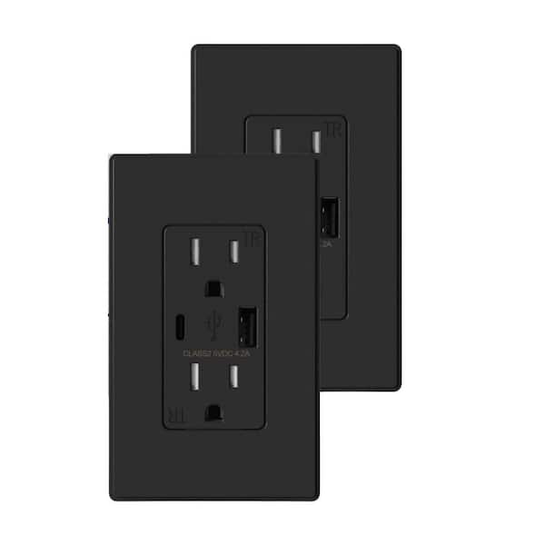 Etokfoks Wall Mount Black 15 Amp Tamper Resistant Duplex Outlet with Type A & Type C USB Ports 2-Pack (R1615D42-BL)