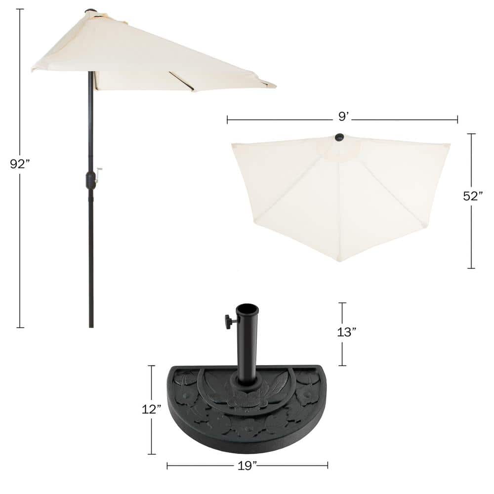 Tan Steel Half-Moon Patio Umbrella with Resin Base