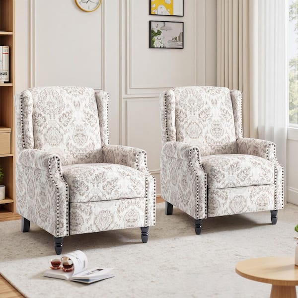 Beige Pattern Linen Nailhead Trim Upholstered Manual Recliner Chair with Adjustable Footrest(Set of 2)