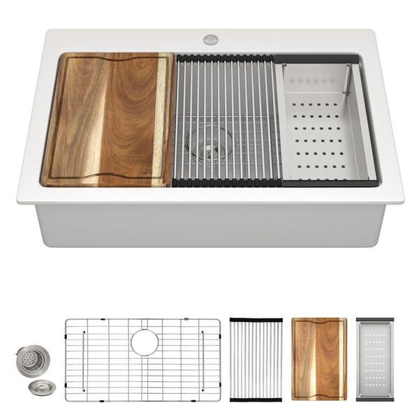 33 in. Drop In White Fireclay Ledge Workstation Kitchen Sink, Top Mount Single Bowl Ceramic Porcelain with Accessories