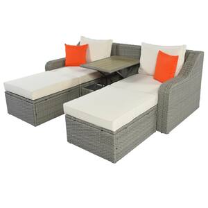 3-Piece Gray Wicker Outdoor Chaise Lounge Set Patio Sofa Set with Beige Cushions and Orange Pillows