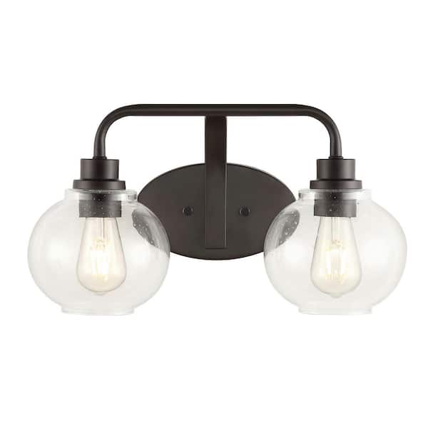Sandrine 17.5 in. 2-Light Oil Rubbed Bronze Iron/Seeded Glass Cottage Rustic LED Vanity Light